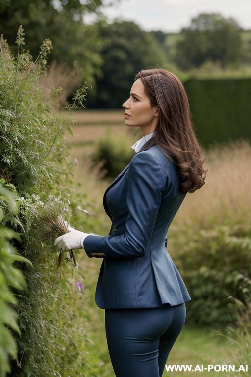 british posh lady, tweetjacket, squattingin weeds behind bushes in countryside. side-view - #main
