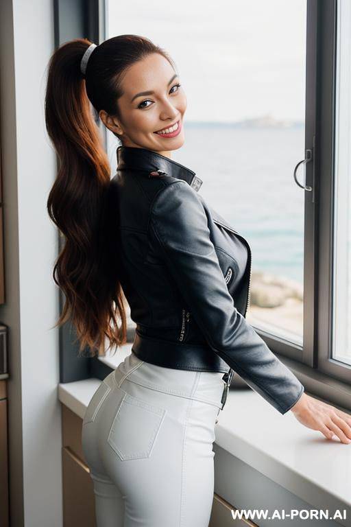 beautiful woman, french, long wavy brunette hair, medium hight, light blue leather jacket, white leather pants, standing in a kitchen, window with sea in background, smiling, sunshine cold weather, black boots, ponytail, side view - #main