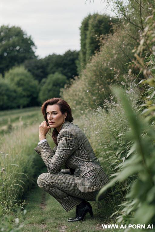 french rich posh lady, tweedjacket, squatting in weeds behind bushes in countryside, pants, side-view - #main