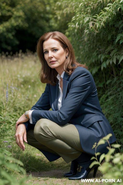 british posh lady, tweetjacket, pants, squatting in weeds behind bushes in countryside. hands between legs, side-view - #main