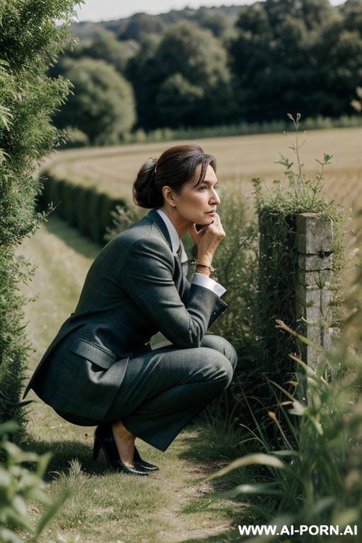 french rich posh lady, tweedjacket, squatting in weeds behind bushes in countryside, pants, bowed head, side-view - #main