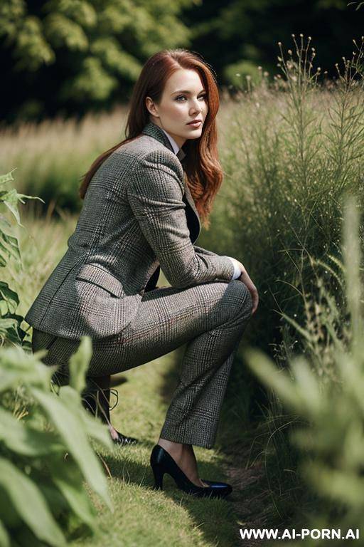british posh lady, tweedjacket, squatting in weeds behind bushes in countryside, pants, arm between legs, side-view - #main