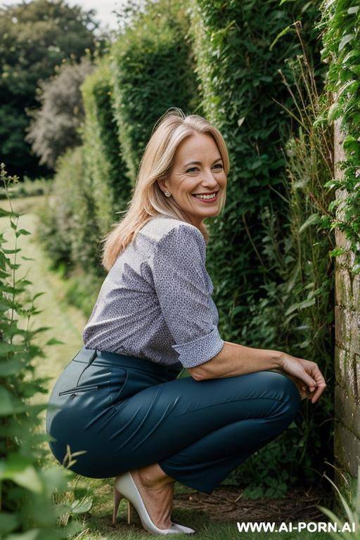 british posh lady, squatting in weeds behind hedge in countryside, pants, side-view - #main