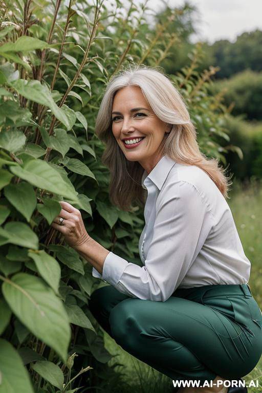 british posh lady, squatting in weeds behind bushes in countryside, pants, side-view - #main