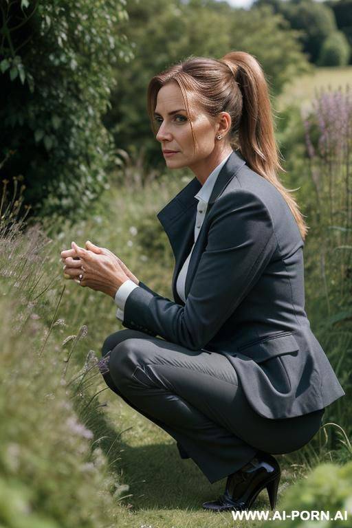 british posh lady, tweetjacket, pants, squatting in weeds behind bushes in countryside. ponytail, hands between legs, side-view - #main