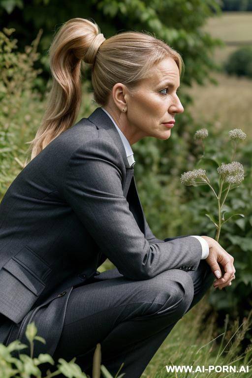 british posh lady, tweetjacket, pants, squatting in weeds behind bushes in countryside. ponytail, side-view - #main
