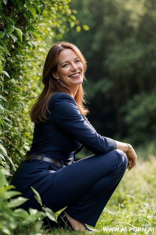 british posh lady, squatting in underbrush in countryside, pants, side-view - #main