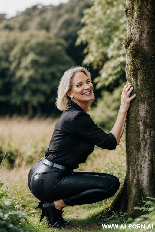 british posh lady, squatting in underbrush in countryside, black pants, side-view - #main