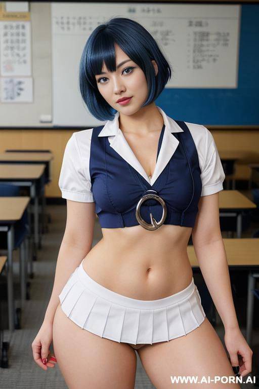 beautiful japanese, blue hair, blue eyes, curvy, big hip, big ass, short hair, wearing sailor suit uniform like japanese anime style - #main