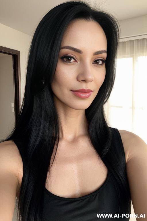woman black long hair pink top selfie - #main