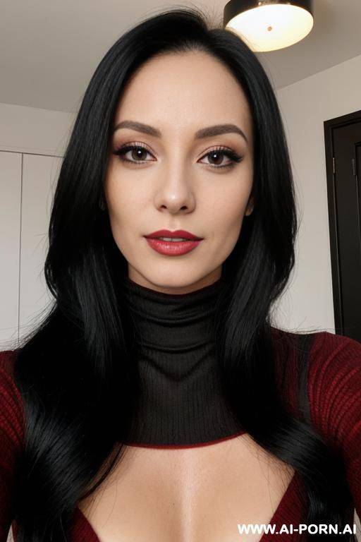 woman black long hair red turtleneck selfie - #main
