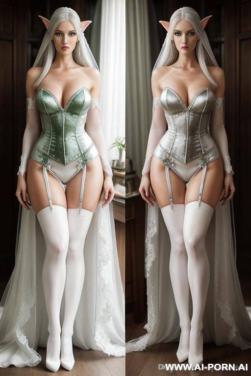 elf, elven woman in wedding dress, silver hair, toned body, extremely beautiful, white stockings, square jaw, wide hips, standing, very tall, long legs - #main