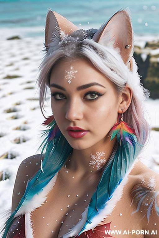 face, sexy, beautiful, ((face painting)), ((bikini as seashell)), ((tattoo roses)), ((eyes shw)), ((angel wings)), ((rainbow hair)), ((long bu hair)), ((wind)), (( cat face)), (( cat ears)), (((feather - #main