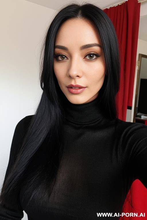 woman long hair red turtleneck selfie - #main