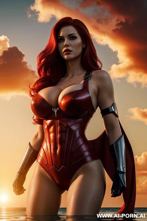 beautiful superheroine floating in clouds at sunset - #main