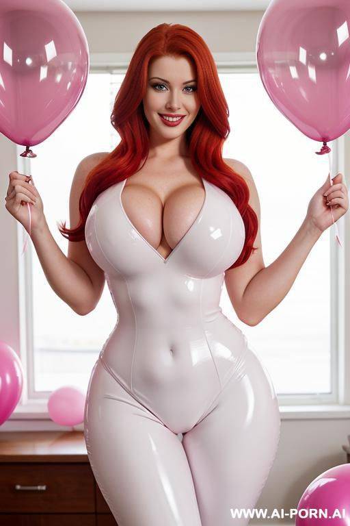 sexy redhead woman, beautiful face, seductive smile, huge chest, wide hips, hourglass figure, no body fat, white latex suit, cleavage, room full of pink balloons - #main