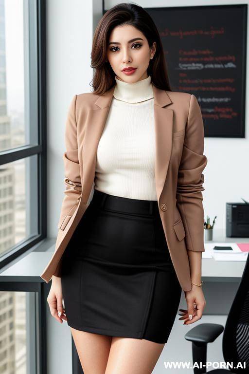 frame from head to thigh, arab, inner turtleneck, skirt down to thigh, outer blazer, office - #main