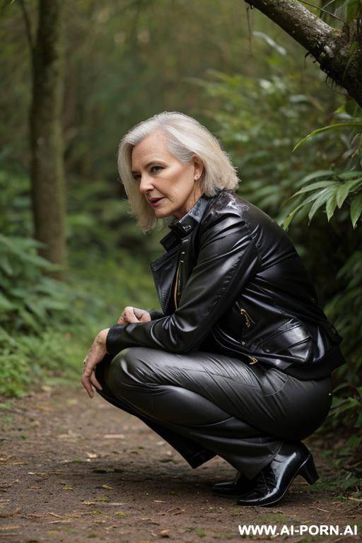 mature british woman, jacket, shirt, pants, squatting in underbrush, her crotch drips water onto ground, backview - #main