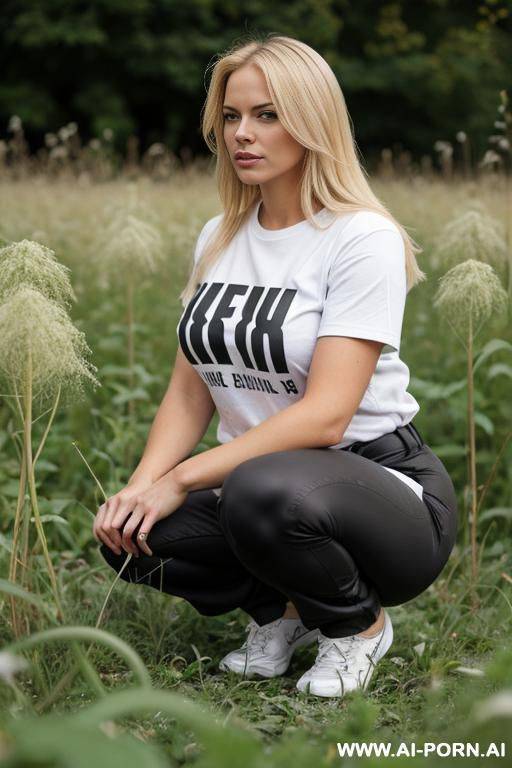 thick blonde german woman squatting in weeds, pants, t-shirt, - #main