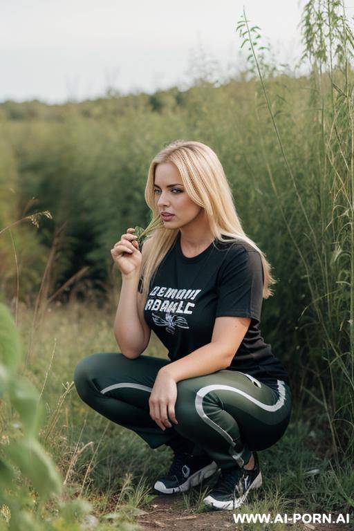 thick blonde german woman squatting in weeds, pants, t-shirt, frontal view - #main
