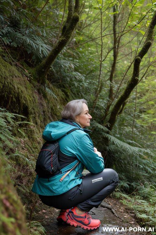british woman, hikingclothes, jacket, pants, squatting in underbrush on wet spot, backview - #main