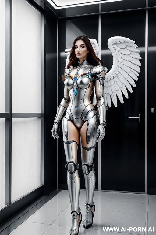 immagine realistica di elevata qualità, beautiful angel robot corpo cyborg meccanico con splendide ali bianche e vestito ampio lungo, con stivali ai piedi. - #main