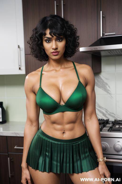 indian, short curly bangs hair, fit, abs, muscular arms, big ass, tall, long legs, navel piercing, green bra, green pleat skirt, looking at camera, full body, stiletto, kitchen - #main