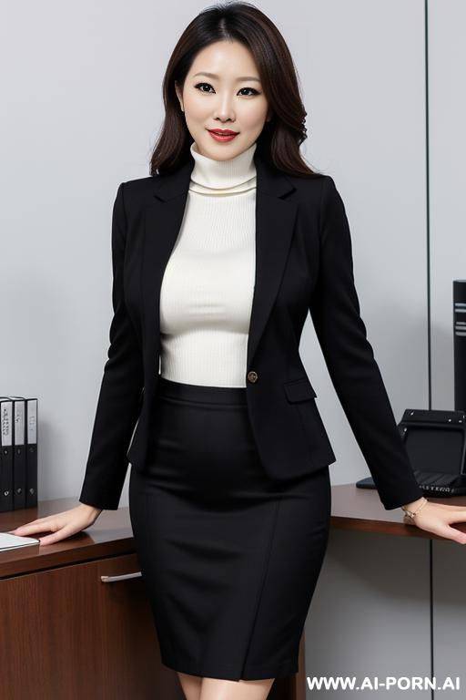 half-white half-japanese, alluring thighs, inner turtleneck, skirt down to thigh, blazer, office - #main