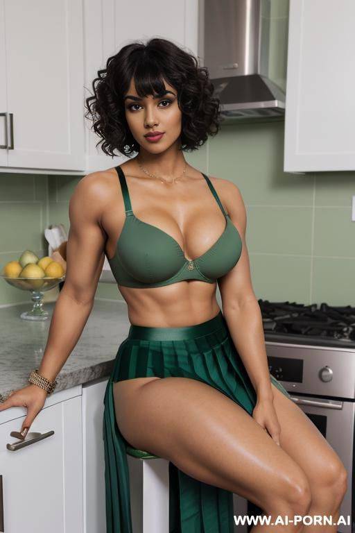 indian, short curly bangs hair, fit, abs, muscular arms, big ass, tall, long legs, navel piercing, green bra, green pleat skirt, looking at camera, full body, stiletto, kitchen, sitting - #main