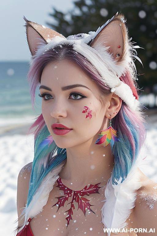 face, sexy, beautiful, ((face painting)), ((bikini as seashell)), ((tattoo roses)), ((eyes shw)), ((angel wings)), ((rainbow hair)), ((long bu hair)), ((wind)), (( cat face)), (( cat ears)), (((feather - #main