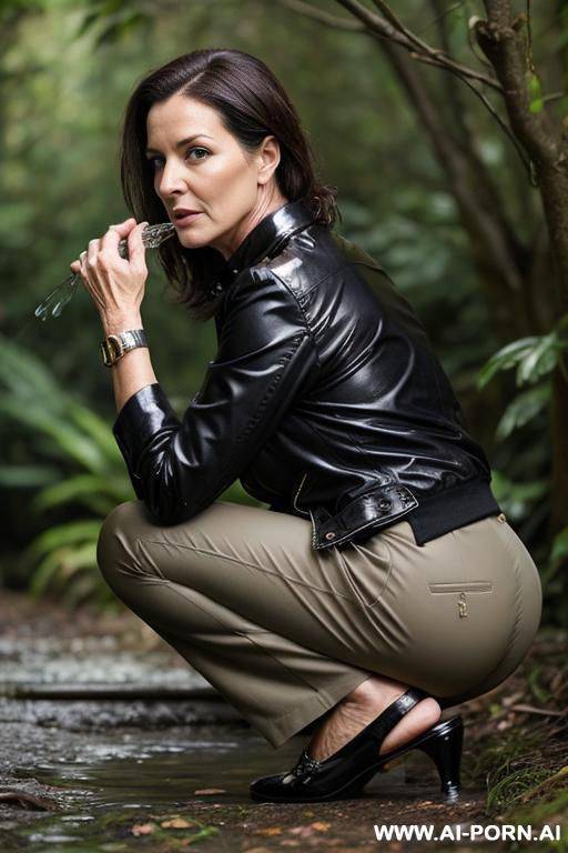 mature british woman, jacket, shirt, pants, , squatting in underbrush, her crotch drips water onto ground, backview - #main