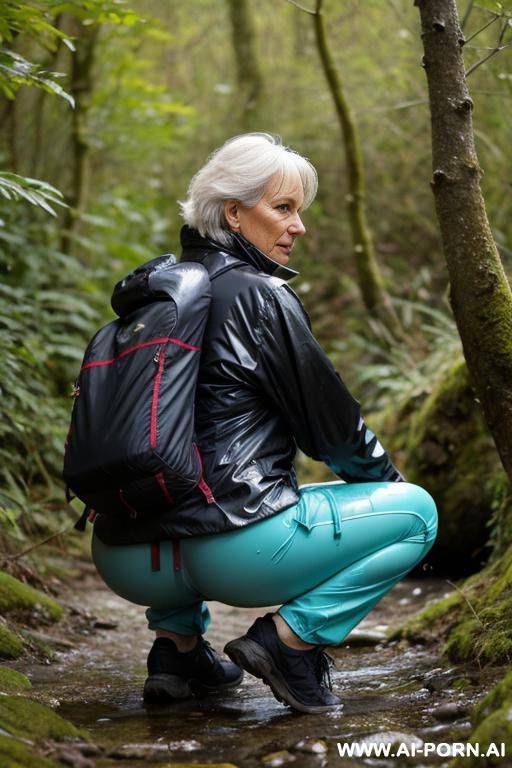 mature british woman, hikingclothes, jacket, pants, squatting in underbrush, her crotch drips water onto ground, backview - #main