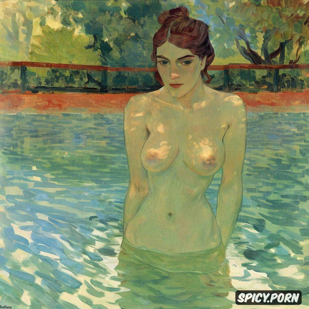 édouard vuillard, paul cézanne, blushing woman with red lips and flushed cheeks in shady bathroom bathing intimate tender modern post impressionist fauves erotic art - #main