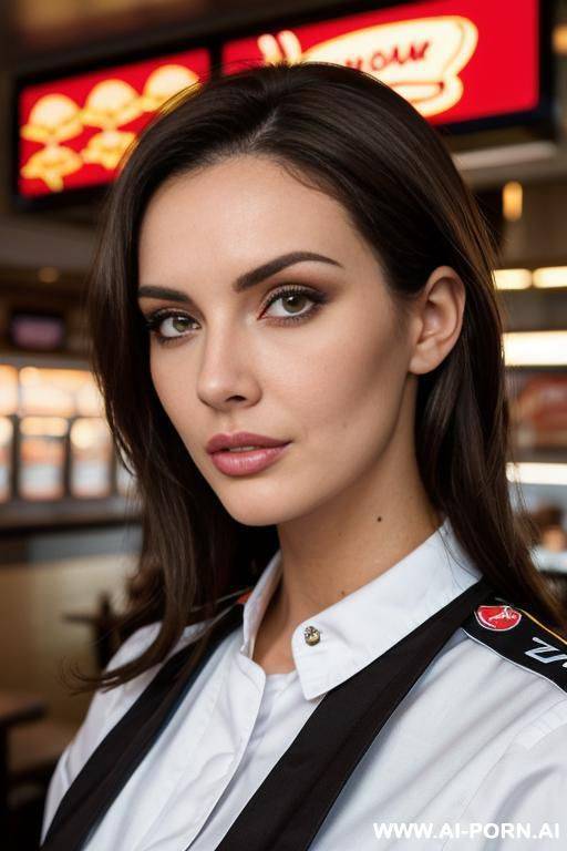 ((brunette bimbo)), (fast food uniform), (fast food restaurant scene) - #main