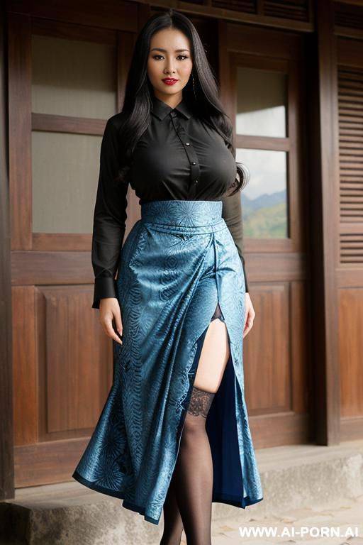 ((olive skin indonesian, sunda ethnicity)) ((traditional long sleeves black shirt, long skirt with blue batik pattern, sunda outfit)) ((huge massive perky boobs)) ((looking at viewer)) ((mountain - #main
