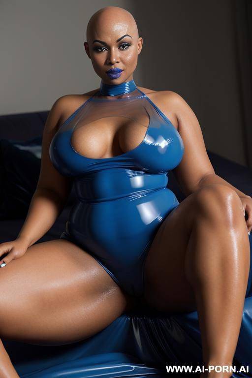 a eboby woman with bald head and blue lips wearing a transparent blue latex nightgown. - #main