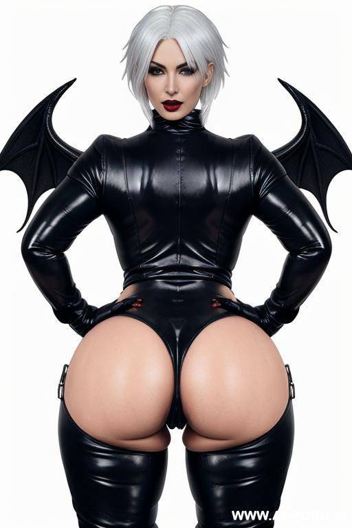 a friendly demonic imp with white hair. thick erect penis ejaculating. male figure. thick thighs, wide hips, large ass. tight leather revealing outfit. - #main