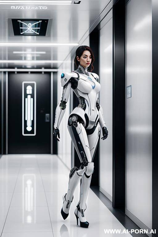 immagine realistica e di elevata qualità, beautiful robot cyborg white vestito ampio lungo, con stivali ai piedi. - #main