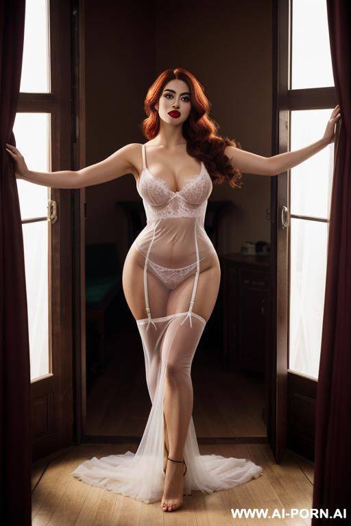 red lipstick, very long hair, white gorgeous cacked woman , round soft face , sexy pretty body, wearing sheer gown color purple - #main