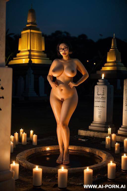 night korean woman, chubby, bob hair, big breasts, wearing glasses, naked, surrounded by candles, outdoors, thai cemetery, thai temple, arabic - #main