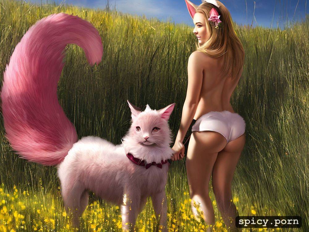 a female 25 year old with long cat ears and a fluffy tail, imagine a woman who looks like a bunny she has long ears - #main