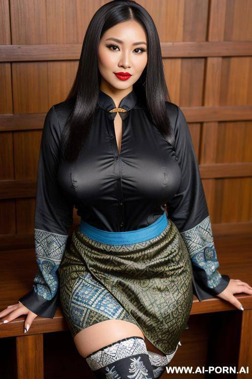((olive skin indonesian, sunda ethnicity)) ((traditional long sleeves black shirt, long skirt with blue batik pattern, sunda outfit)) ((huge massive perky boobs)) ((looking at viewer)) ((mountain - #main