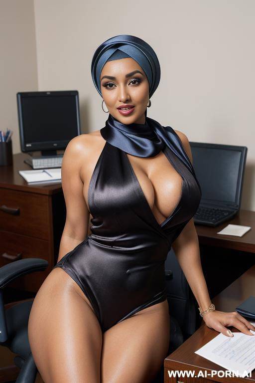 a busty arab hotwife naked, short pixie hair with shaved sides, totally naked, open mouth (orgasm), show bare tits, show shaved pussy, image frame from head to knee, luscious lips, (silk blue hijab) - #main