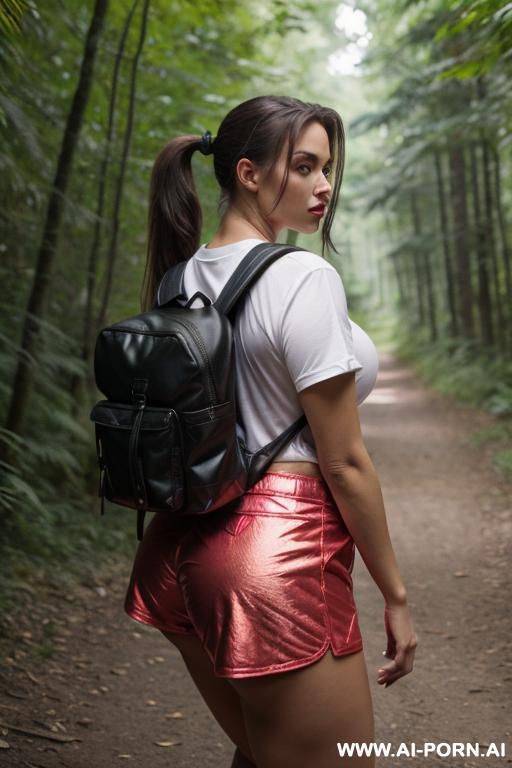 1woman, breasts, ass, solo, backpack, shorts, shiny_clothes, red_shorts, outdoors, bag, ponytail, forest, nature, looking_back, from_behind, lips, thick_thighs, large_breasts, looking_at_viewer, shirt - #main