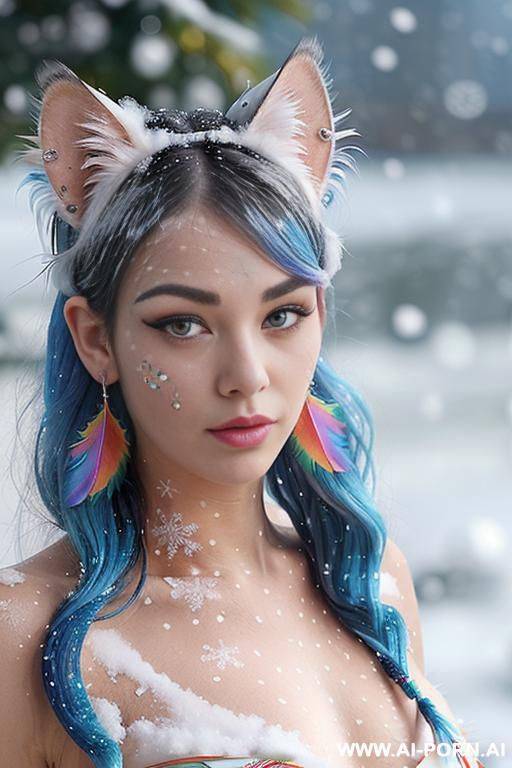 face, sexy, beautiful, ((face painting)), ((bikini as seashell)), ((tattoo roses)), ((eyes shw)), ((angel wings)), ((rainbow hair)), ((long bu hair)), ((wind)), (( cat face)), (( cat ears)), (((feather - #main