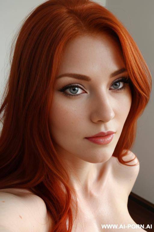 sexy redhead woman, beautiful face, huge chest, wide hips, no body fat, seductive, horny, closeup, low angle shot, frontal, totally nude, bown eyes - #main