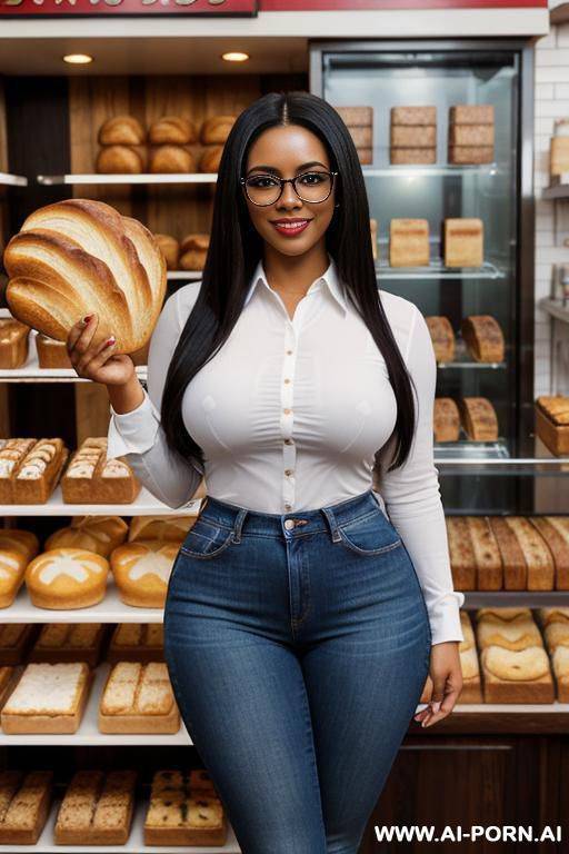 very , darker skin, very wide hips, mexican, bimbo, hourglass figure, high rise blue jeans, tight white shirt, eye shw , smirk, extra thicc - #main