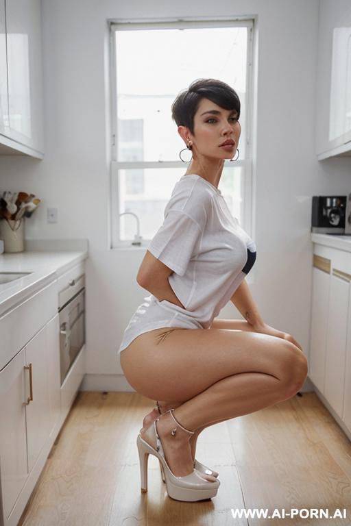 (((full body shot))), hoop earings, (stylish pixie haircut), (most beautiful women ever), (sexy milf), photorealistic image of an alluring squatting on a table, (sunny kitchen), eye contact, stylish platform pumps, (((white loose oversize t-shirt))) - #main