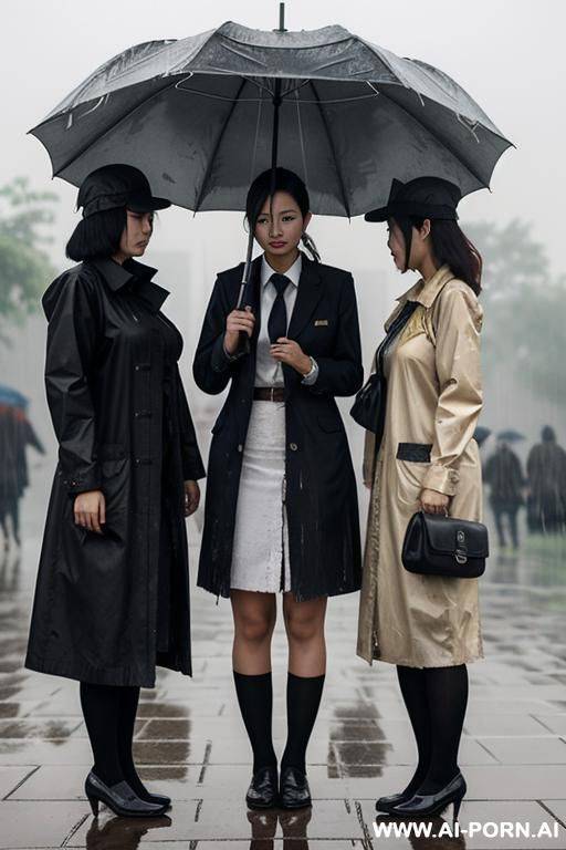 ，student uniform，three women standing each other，standing in the rain，apocalyptic world，clothes in rags， and some of them had sloughed off - #main