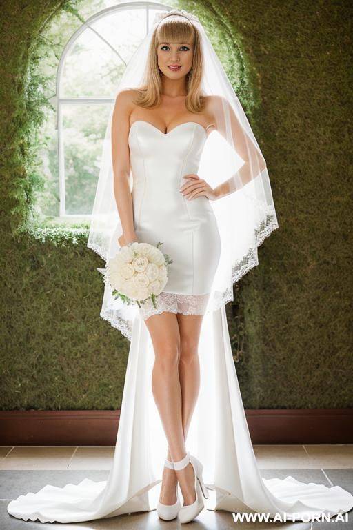 naked blonde with bangs, in white stockings, white high-heeled shoes, wedding veil, full-length, brown eyes, standing tall, parents standing behind - #main